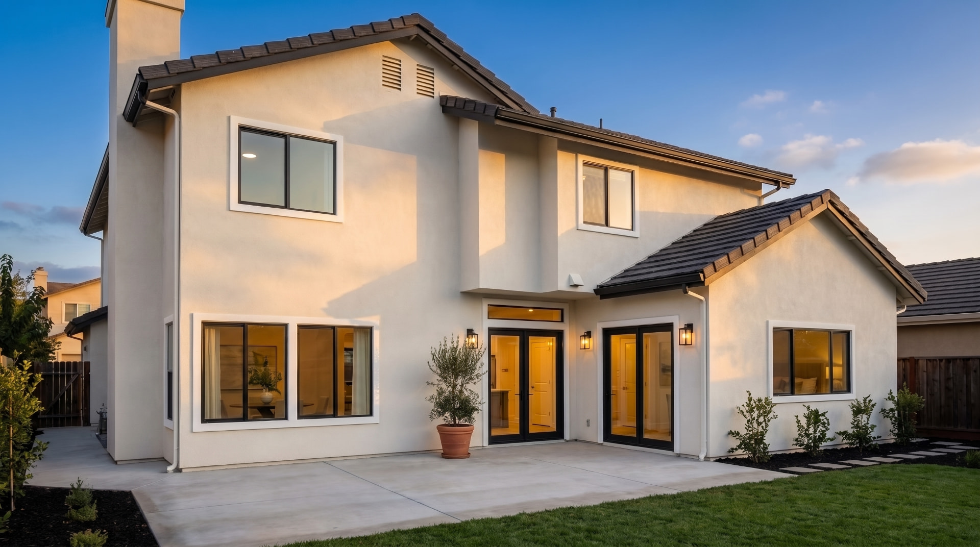 Completed home exterior with patio at dusk
