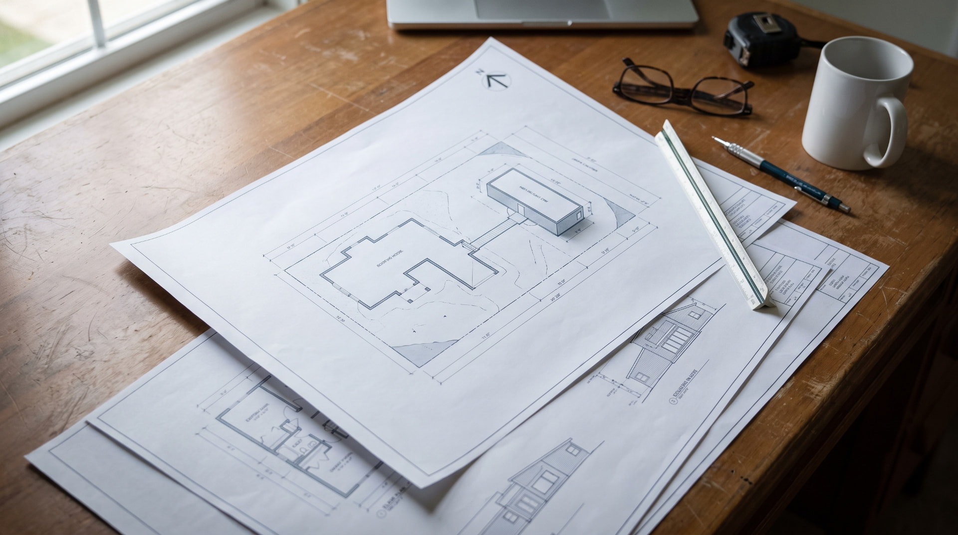 ADU site plan and feasibility drawings on a drafting table