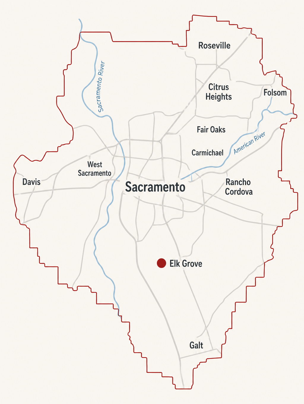 Map of DK Homes service area across Greater Sacramento